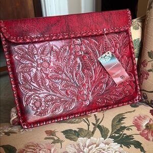 Hand Wrought tooled in Mexico with Red Embossed Leather Clutch